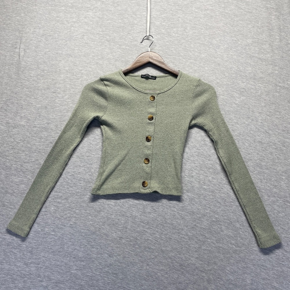 Tille Crop Cardigan Sweater Womens Small Green Ribbed Knit Viscose Button Front